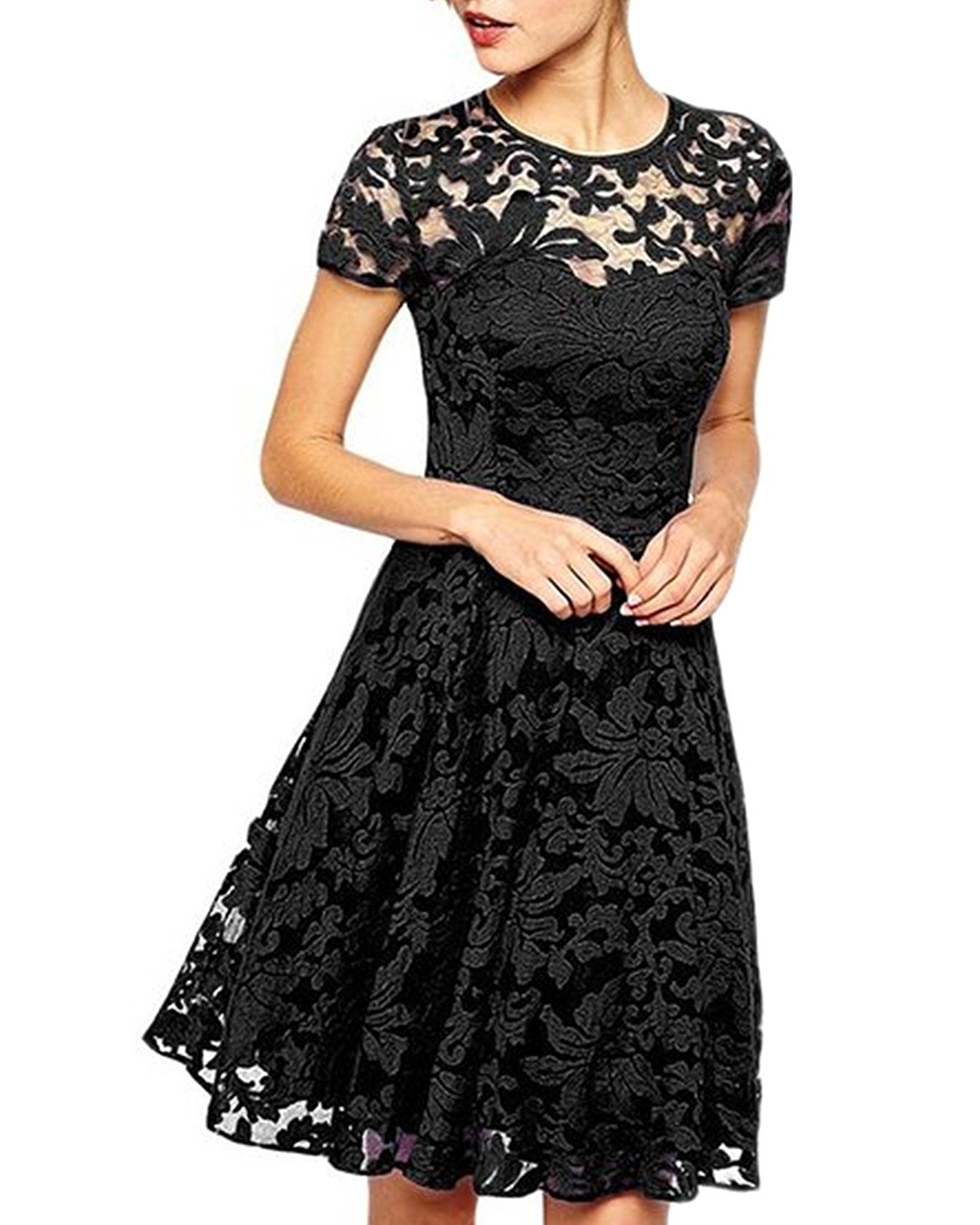 SZ60002-2 Fashion Summer Party Mini Dress Short Sleeve Blue Black Lace Dresses